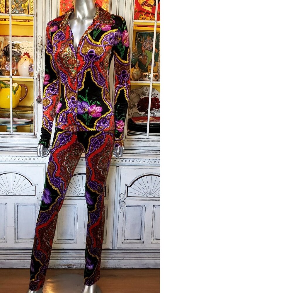 Vintage Betsey Johnson Floral Leopard Stretch Velvet Jeans Pants Dress Top Shirt - Picture 3 of 16